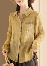 Load image into Gallery viewer, Women Yellow Peter Pan Collar Button Linen Blouses Long Sleeve