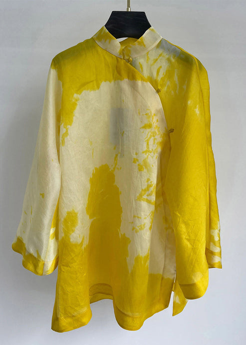 Women Yellow Stand Collar Button Cotton Shirt Long Sleeve