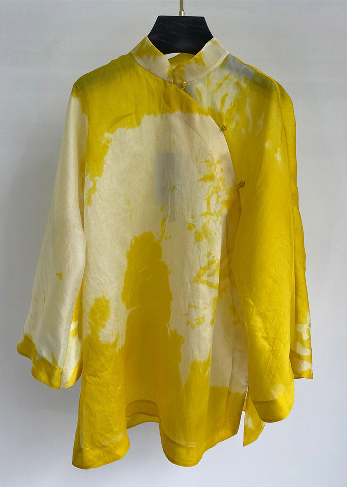 Women Yellow Stand Collar Button Cotton Shirt Long Sleeve