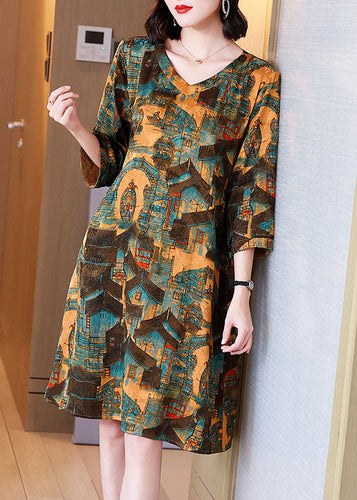 Women Yellow V Neck Print Patchwork Cotton Dresses Summer