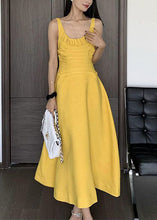 Load image into Gallery viewer, Women Yellow Wrinkled Solid Cotton Spaghetti Strap Dress Sleeveless