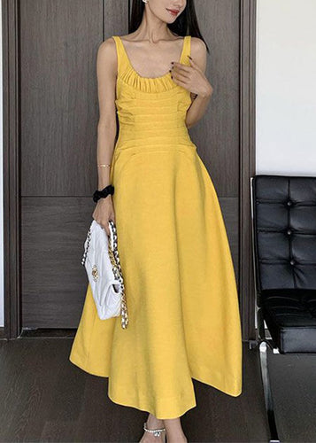 Women Yellow Wrinkled Solid Cotton Spaghetti Strap Dress Sleeveless