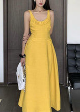 Load image into Gallery viewer, Women Yellow Wrinkled Solid Cotton Spaghetti Strap Dress Sleeveless