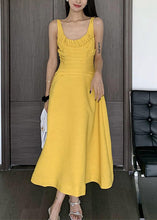 Load image into Gallery viewer, Women Yellow Wrinkled Solid Cotton Spaghetti Strap Dress Sleeveless