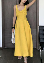 Load image into Gallery viewer, Women Yellow Wrinkled Solid Cotton Spaghetti Strap Dress Sleeveless