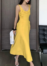 Load image into Gallery viewer, Women Yellow Wrinkled Solid Cotton Spaghetti Strap Dress Sleeveless