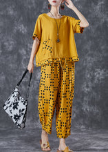 Load image into Gallery viewer, Yellow Dot Cotton Two Piece Suit Set Drawstring Pocket Summer