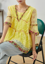 Load image into Gallery viewer, Yellow Hollow Out Lace Shirt Top Ruffled Summer