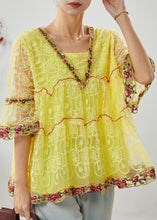 Load image into Gallery viewer, Yellow Hollow Out Lace Shirt Top Ruffled Summer