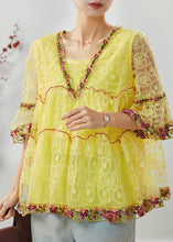 Load image into Gallery viewer, Yellow Hollow Out Lace Shirt Top Ruffled Summer