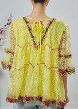 Load image into Gallery viewer, Yellow Hollow Out Lace Shirt Top Ruffled Summer