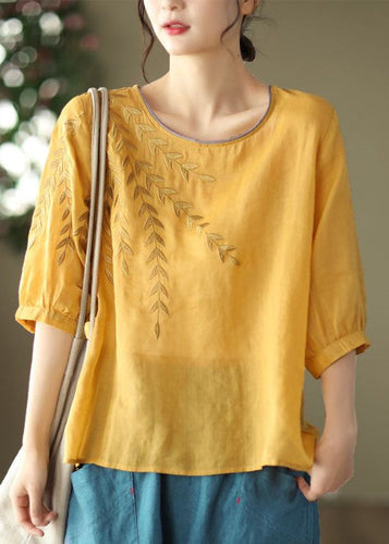 Yellow Patchwork Cotton Top O Neck Embroidered Summer