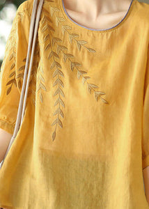 Yellow Patchwork Cotton Top O Neck Embroidered Summer