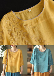 Yellow Patchwork Cotton Top O Neck Embroidered Summer