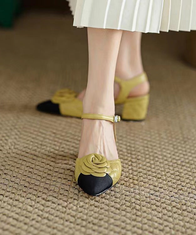 Yellow Pointed Toe Floral Chunky Heel Faux Leather Fashion Sandals