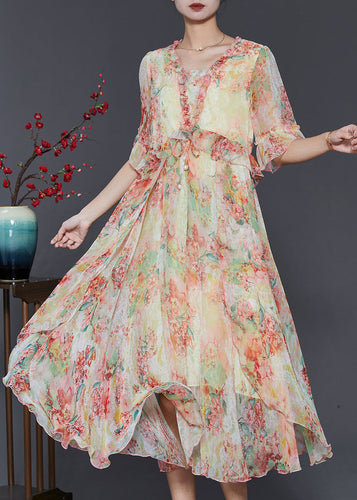 Yellow Print Chiffon Cinched Dress Ruffled Summer