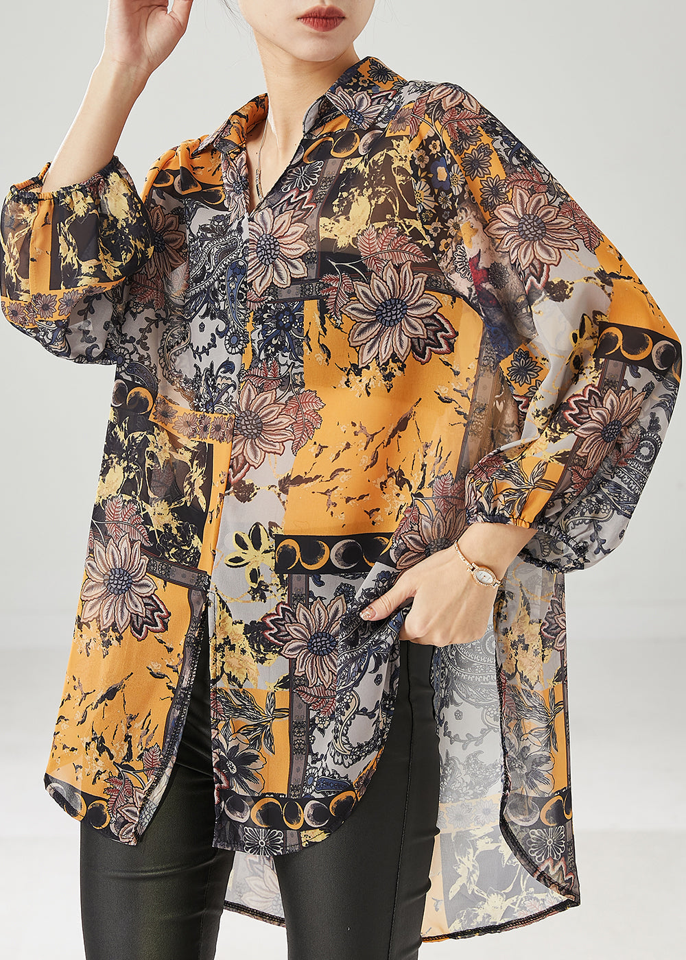 Yellow Print Chiffon Shirt Tops Oversized Draping Spring