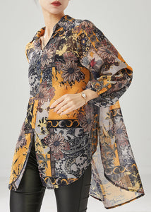 Yellow Print Chiffon Shirt Tops Oversized Draping Spring