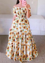 Load image into Gallery viewer, Yellow Print Cotton Long Dresses Wrinkled Short Sleeve