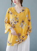 Load image into Gallery viewer, Yellow Print Cotton Shirts V Neck Chinese Button Summer