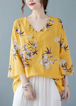 Load image into Gallery viewer, Yellow Print Cotton Shirts V Neck Chinese Button Summer