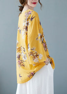 Yellow Print Cotton Shirts V Neck Chinese Button Summer