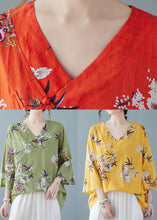 Load image into Gallery viewer, Yellow Print Cotton Shirts V Neck Chinese Button Summer