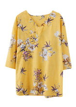 Load image into Gallery viewer, Yellow Print Cotton Shirts V Neck Chinese Button Summer