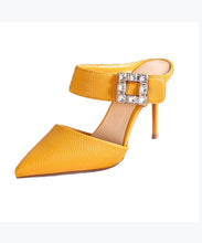 Load image into Gallery viewer, Yellow Stiletto Faux Leather Boutique Pointed Toe Slide Sandals