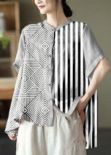 Load image into Gallery viewer, Boho Black strips Summer Side Open Stand Collar Ramie Loose Short Sleeve