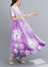 Load image into Gallery viewer, Natural Light Purple Flowers Pockets Short Sleeve Robe Cotton Linen Dresses