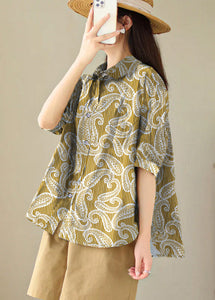 Plus Size Black abstract Peter Pan Collar Print Cotton Shirt Tops Summer