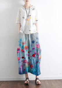 Blue Flowers simple pockets linen skirts long maxi skirt