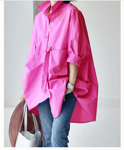 Pink Crane Peter Pan Collar Low High Design Cotton Shirt Long Sleeve