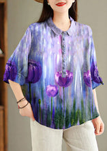 Load image into Gallery viewer, Red Button Print Linen Blouses Peter Pan Collar Summer