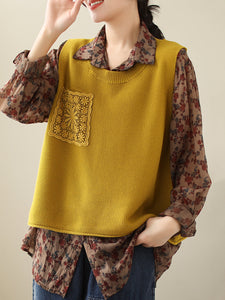 Women Casual Knitted Embroidery Patch Vest