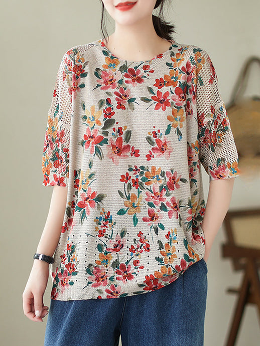 Women Summer Vintage Floral Loose Knitted Shirt