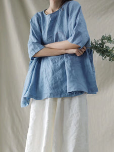 Women Summer Solid Stitching Loose Linen Shirt