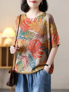 Women Summer Casual Leaf Print Loose Pullover Shirt