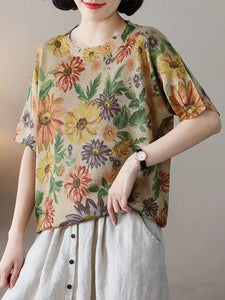 Women Summer Casual Floral Knitted O-Neck Shirt