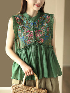 Women Vintage Embroidery Frog Agaric Lace Sleeveless Shirt