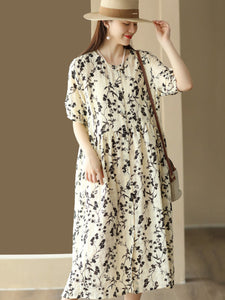 Women Summer Floral Drawstring Pleat Loose Cardigan Dress