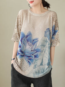 Women Summer Retro Blue Flower  Knitted Shirt