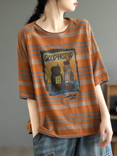 Load image into Gallery viewer, Women Summer Casual Stripe Cartoon Print Cotton Shirt