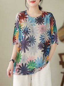 Women Summer Casual Floral Loose Knitted Shirt