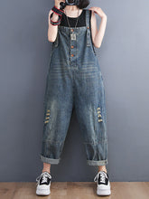 Load image into Gallery viewer, Women Summer Retro Frayed Solid Loose Denim Jumpsuits