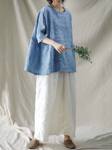 Women Summer Solid Stitching Loose Linen Shirt