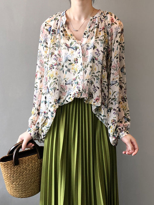 Women Summer Artsy Floral V-neck Loose Shirt