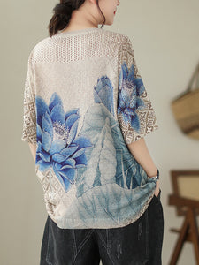 Women Summer Retro Blue Flower  Knitted Shirt