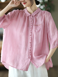 Women Spring Artsy Solid Button Embroidery Loose Ramie Shirt